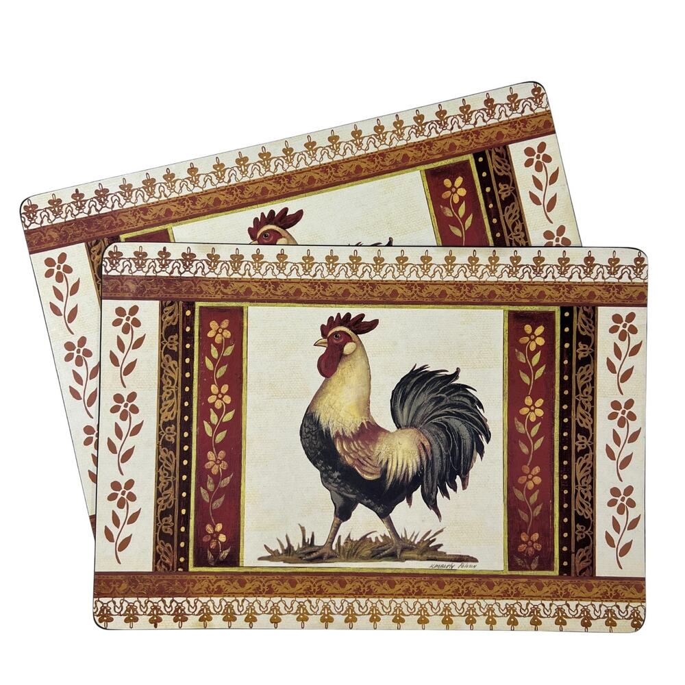 Vintage Kimberly Poloson Rooster Cork Placemats SET OF 2 Farmhouse Rustic Art